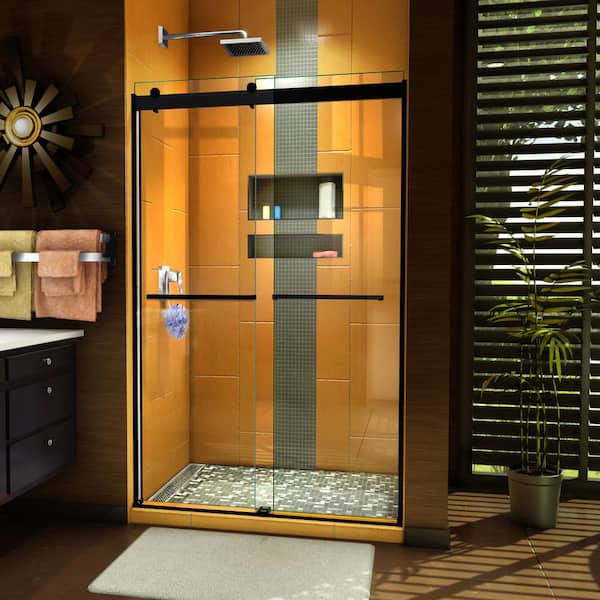 DreamLine Sapphire 44 in. to 48 in. W x 76 in. H Sliding Semi-Frameless Shower Door in Matte Black with Clear Glass