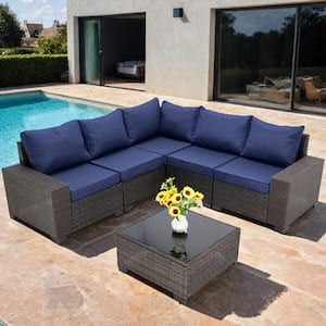 6-Piece Brown Wicker Patio Conversation Set with Dark Blue Cushions for Summer Outside, Backyard