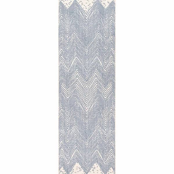 Wavy Chevron Blue 2 ft. x 10 ft. Indoor/Outdoor Runner Patio Rug