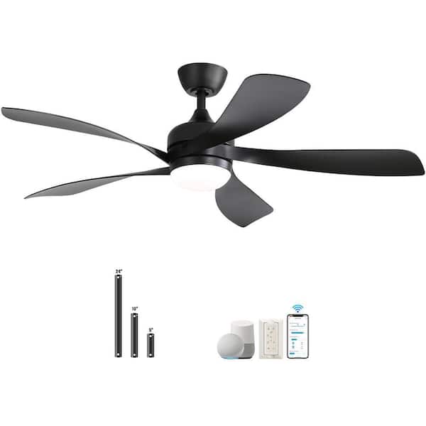 Sofucor 52 in. Indoor/Outdoor Smart Black Downrod Ceiling Fan with Led Lights and 6-Speed DC Remote APP Control