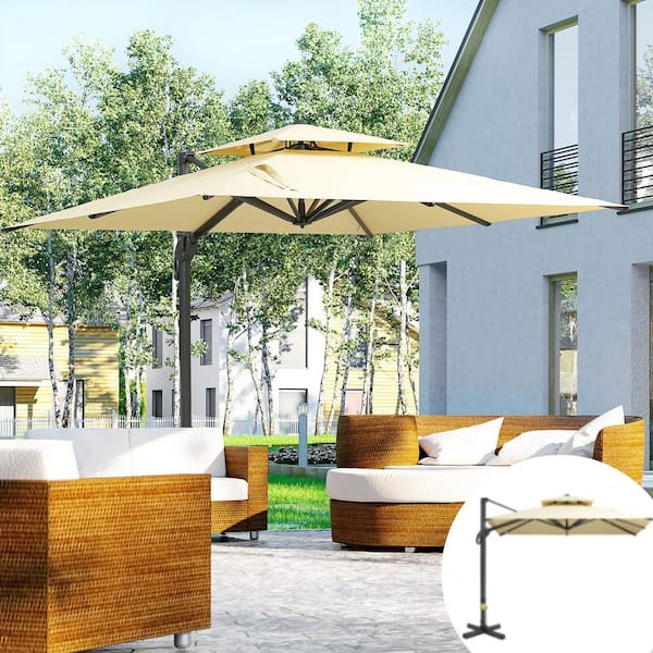 10 ft. x 10 ft. Cantilever Patio Umbrella, Heavy-Duty Double Top Offset Umbrella with 360° Rotation in Beige