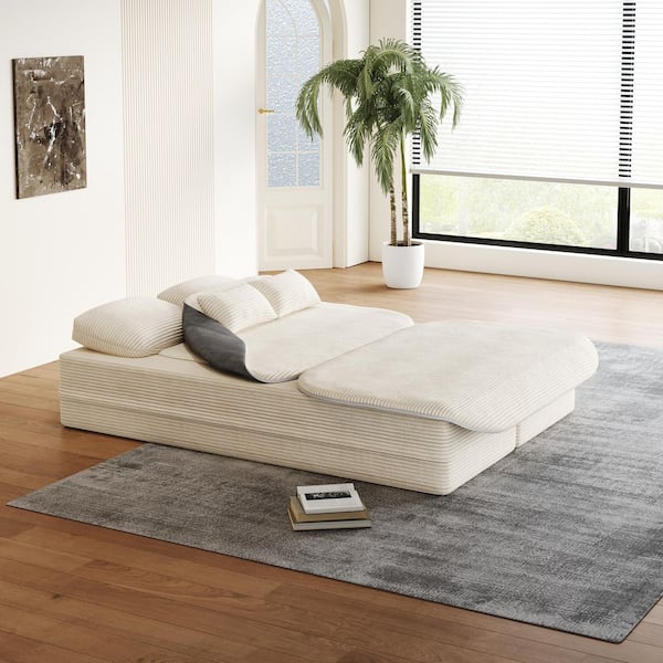 75 in. Convertible Beige Full Size Floor Sofa Bed with Pillows, Compression Corduroy Lounge Couch for Living Room