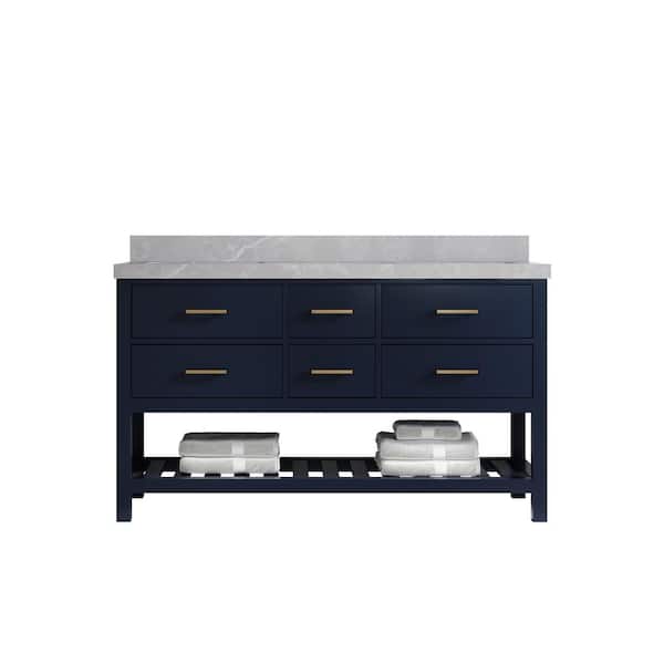 Willow Collections Parker 60 in. Double Sink Freestanding Navy Blue Bath Vanity with Pearl Gray Quartz Top Unassembled