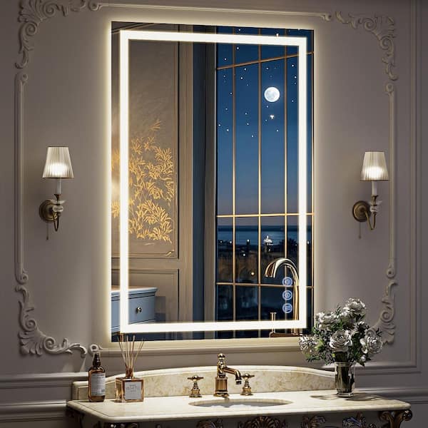 White 26 in. W x 38 in. H LED Lighted Rectangle Bathroom Vanity Wall Mirror Metal Framed Mirror