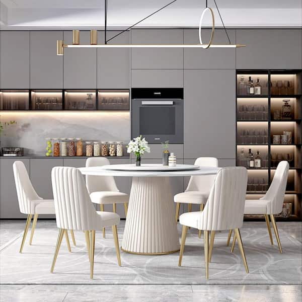 59.05 in. White Circular Rotable Sintered Stone Tabletop with Lazy Susan Pedestal Base Kitchen Dining Table (Seats-8)