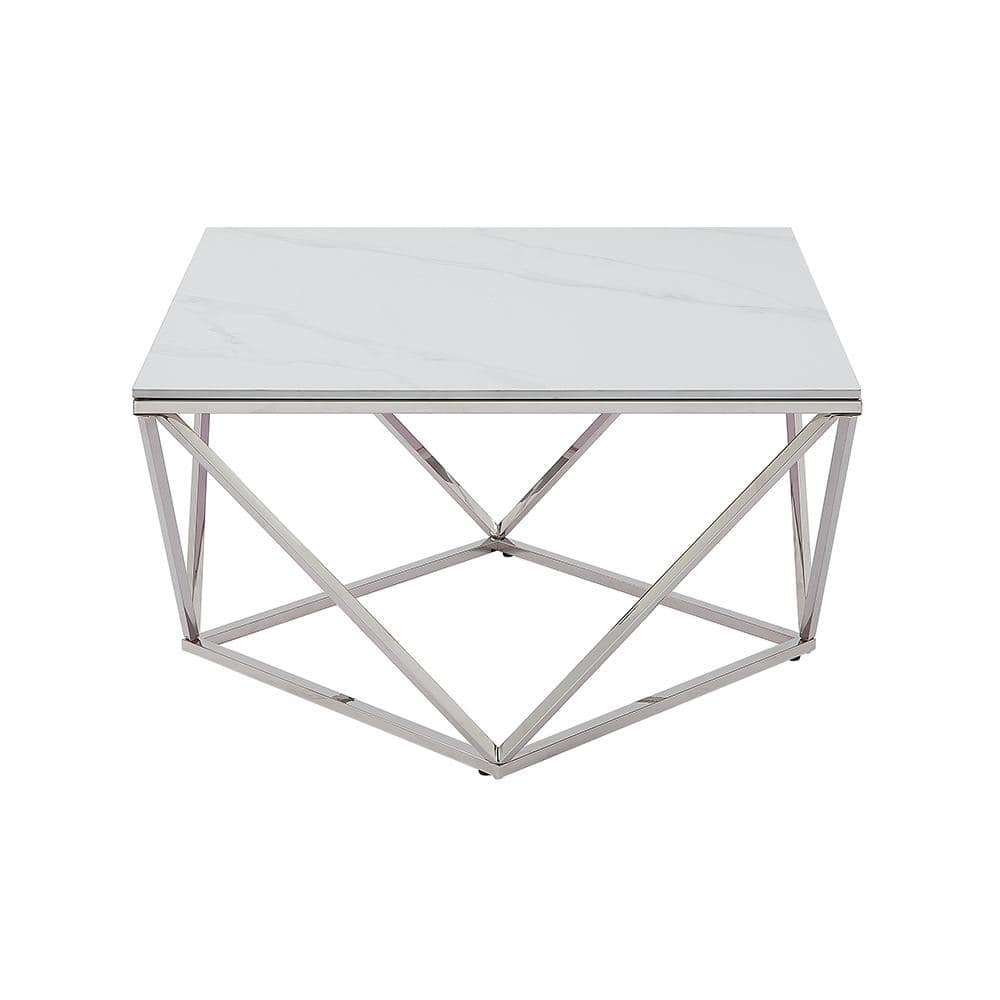 31.5" White and Silver Steel Coffee Table with Stone Top