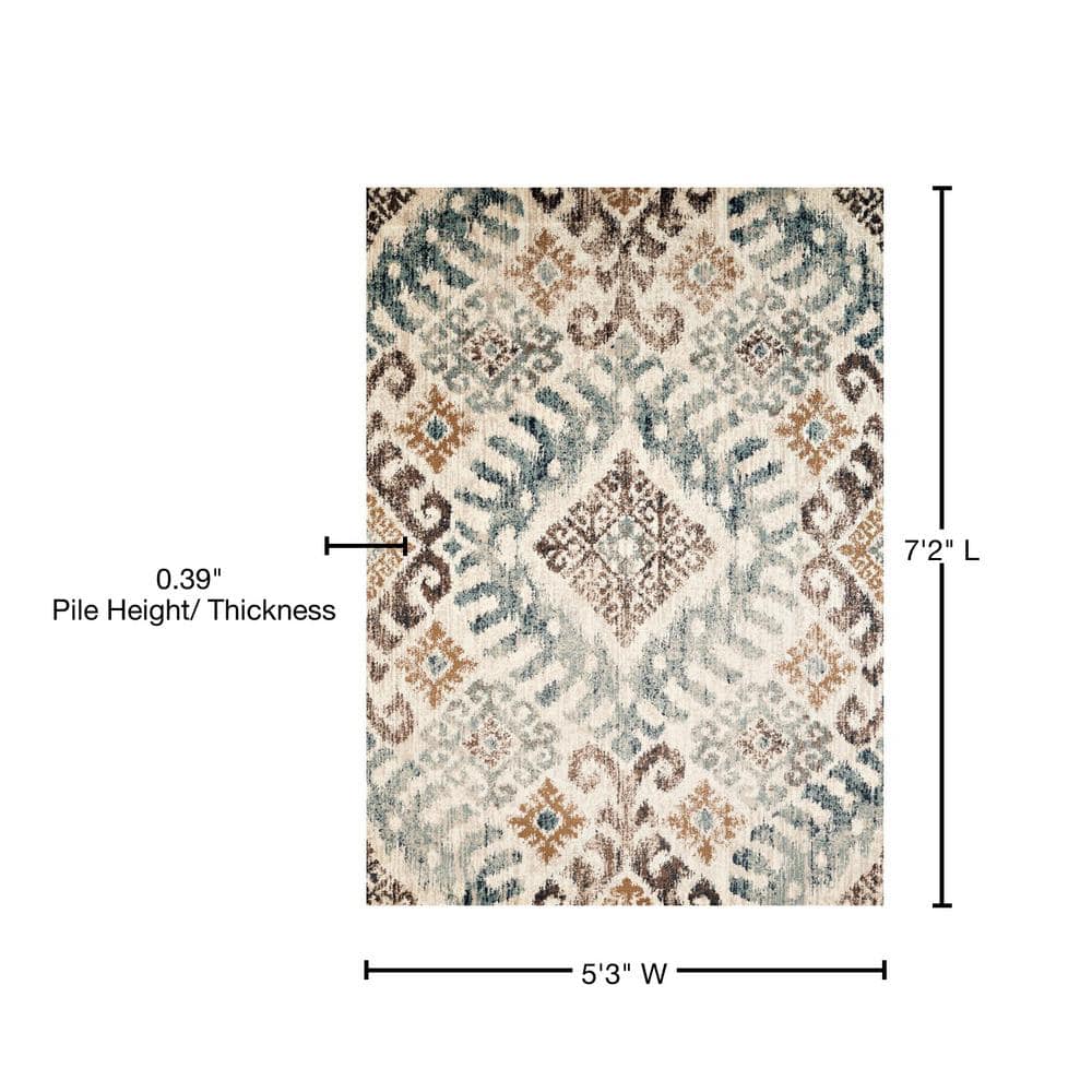 Blue and Taupe Synthetic Rectangular Area Rug, 5' x 8'