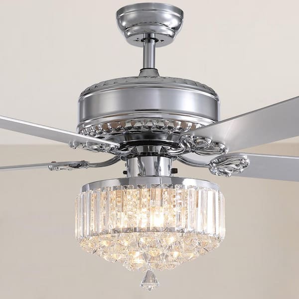 ANTOINE 52 in. Chrome Ceiling Fan with Light and Remote Reversible Blades Crystal Fandelier Indoor