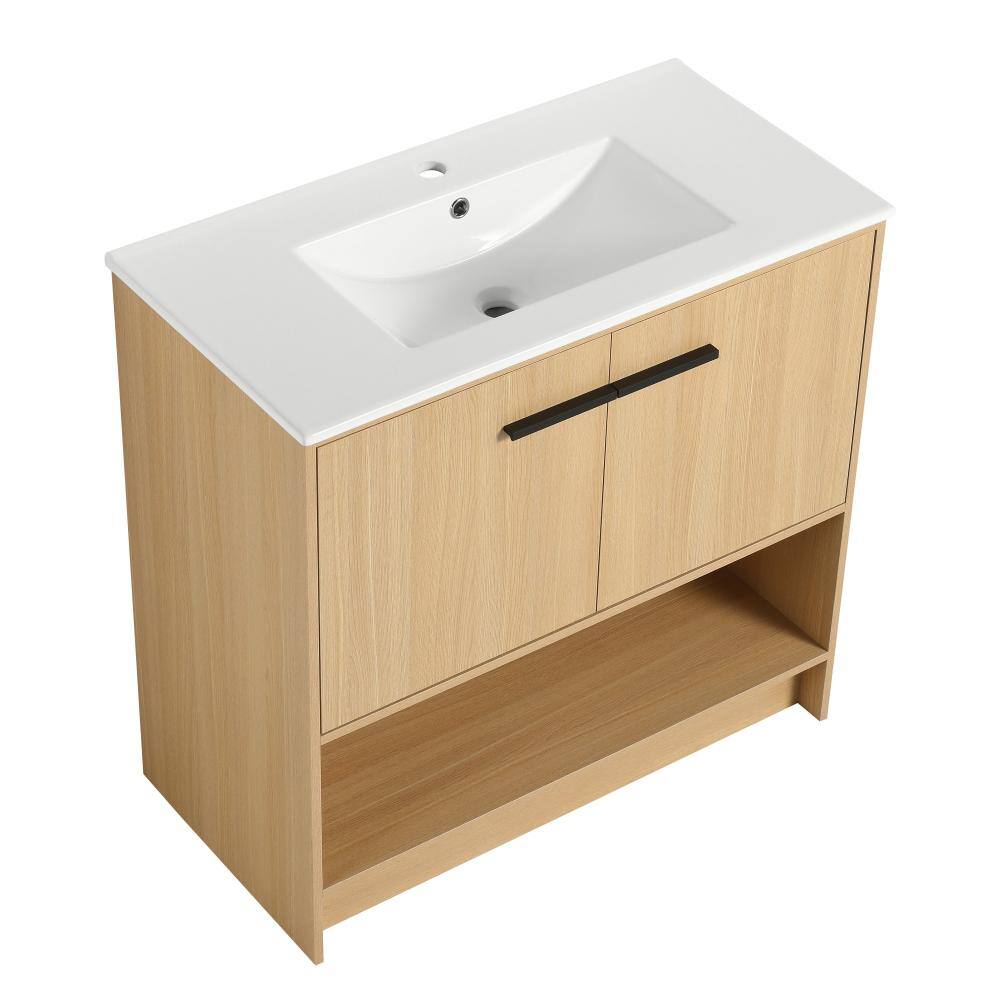 36 in. W Freestanding Bath Vanity in Oak with Ceramic Sink and Plywood Storage Cabinet with Bottom Open Shelf price history on PriceWatchPro
