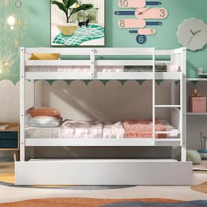 White Solid Wood Twin Bunk Bed with Trundle, Convertible Kids Bunk Bed with Built-in Ladders and Safety Rail