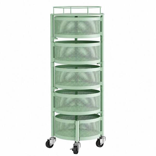 1 Piece 5 Tier Rotating Metal Wire Fruit Vegetable Basket Bowls Set with Wheels for Kitchen Pantry Countertop in Green
