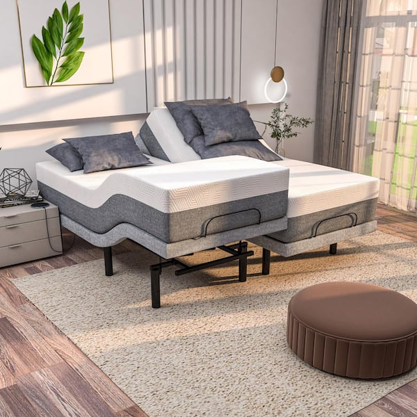 Adjustable Gray Split-King Bed Frame USB, Under Bed Light, Hybrid Mattress, App Control, Platform Bed 14 in. Mattress