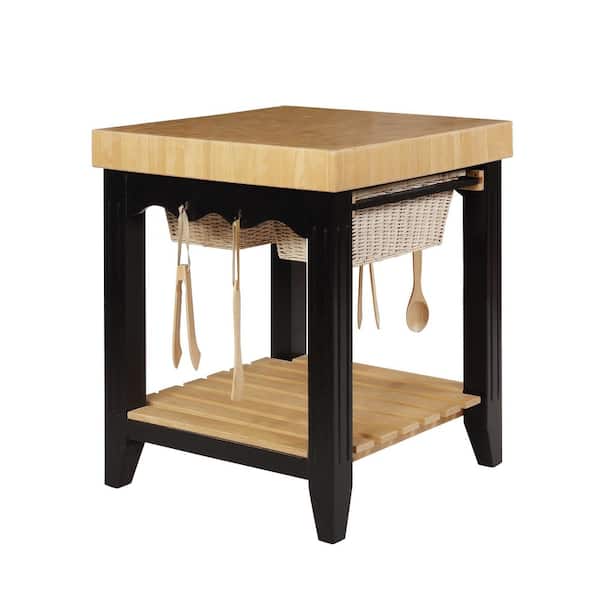 Kolton Black Kitchen Island with Butcher Block Style Top and Storage