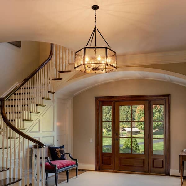 Dvorakova 24.02 in. 6-Light Black Lantern Drum Chandelier with Water Ripple Glass Shade