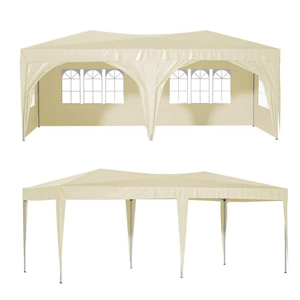 Unbranded 10 ft. x 20 ft. Pop Up Canopy Tent with 6 Sidewalls Outdoor Canopy Waterproof with 3 Adjustable Heights Beige LV 404