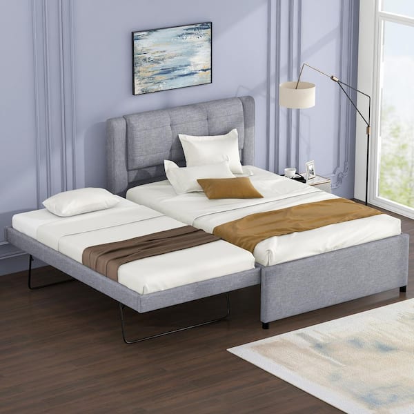 Harper & Bright Designs Gray Wood Frame Full Size Linen Upholstered Platform Bed with Trundle