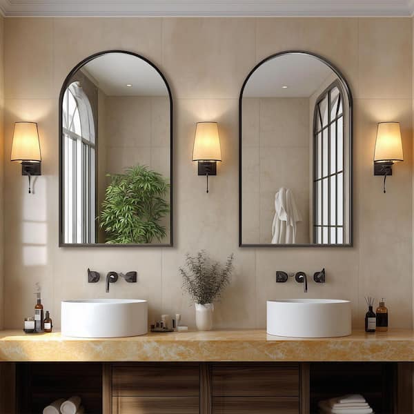 24 in. W x 36 in. H Arched Framed Wall Bathroom Vanity Mirror in Black with Metal Frame