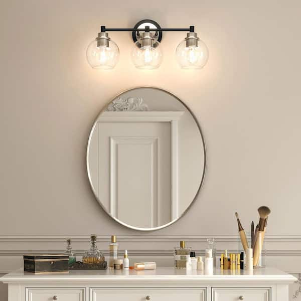 19.5 in. 3-Light Black & Nickel Vanity Light with Clear Glass Shade E26 Sockets for Bathroom Bedroom Hallway Living Room