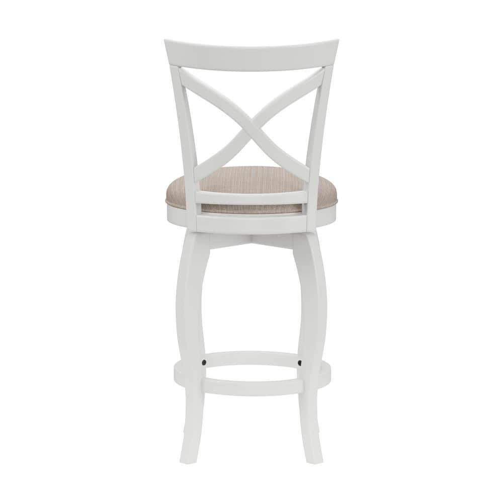 White Wood Swivel Counter Stool with Beige Fabric