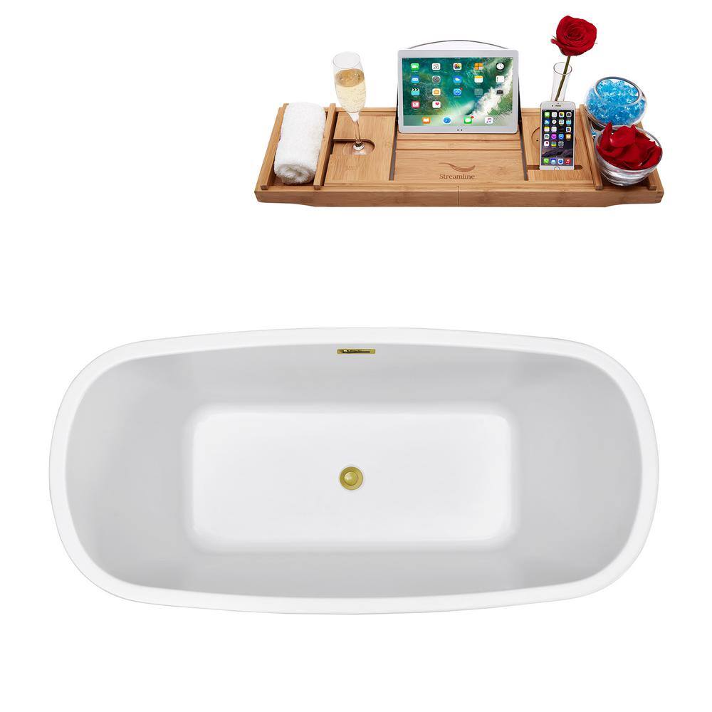 59" White Acrylic Clawfoot Freestanding Bathtub with Gold Hardware