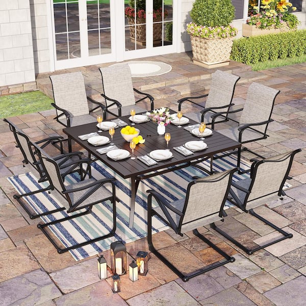 PHI VILLA Black 9-Piece Metal Outdoor Patio Dining Set with Slat Square Table and C-Spring Textilene Chairs