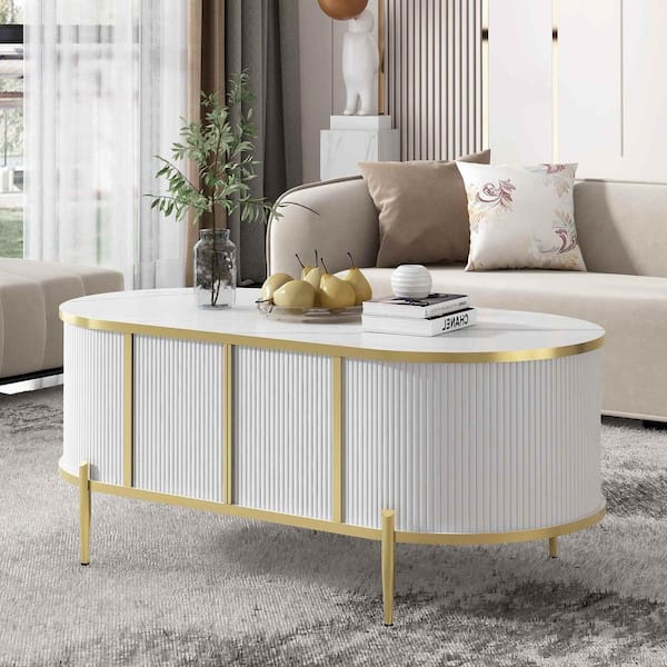 Polibi 47.2 in. White Oval MDF Coffee Table with 2 Cabinets