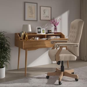 Derrick Classic Fabric Tufted Executive Office Chair in Ivory with Driftwood Base and Arms