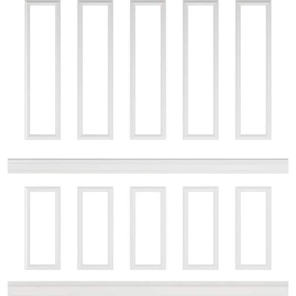 Ekena Millwork 94 1/2 in. (Adjustable 108 in. to 132 in.) 70 sq. ft. Polyurethane Ashford Square Panel Stacked Wall Wainscot Kit Primed