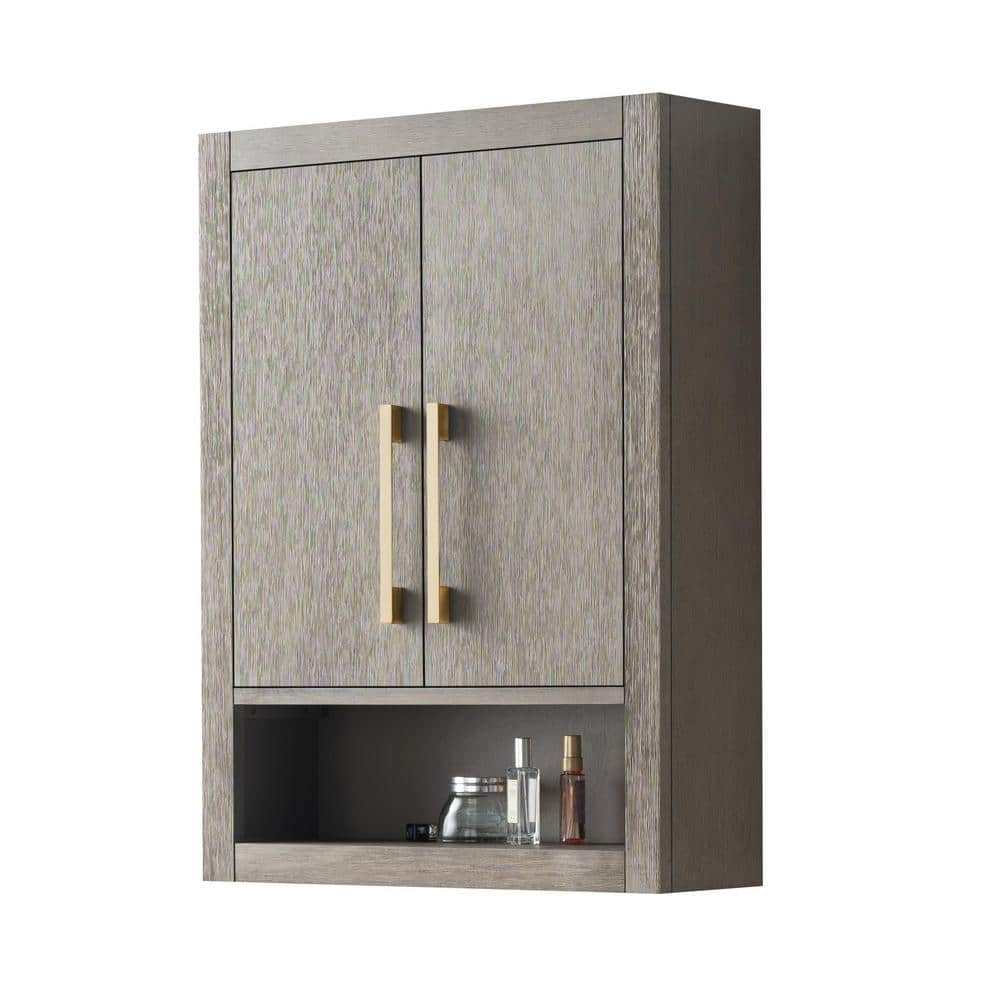 Driftwood Gray Wall Mounted Bathroom Storage Cabinet with Golden Handles