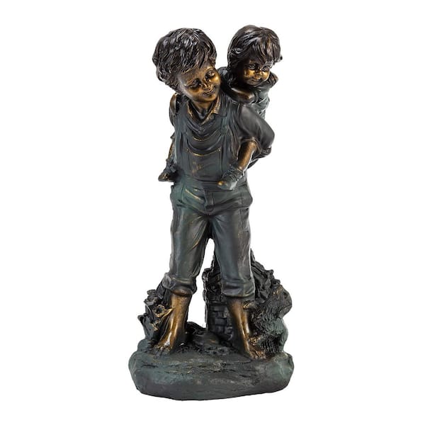 16 in. Tall Indoor/Outdoor Patina Finish Piggyback Kids Yard Statue Decoration