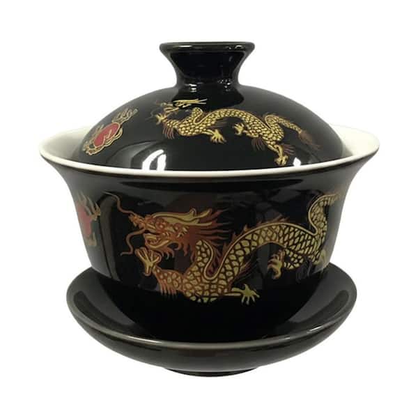 Porcelain Kung Fu Tea Cup and Saucer Set with Lid Black Dragon Pattern for Chinese Tea Ceremony 1 Set