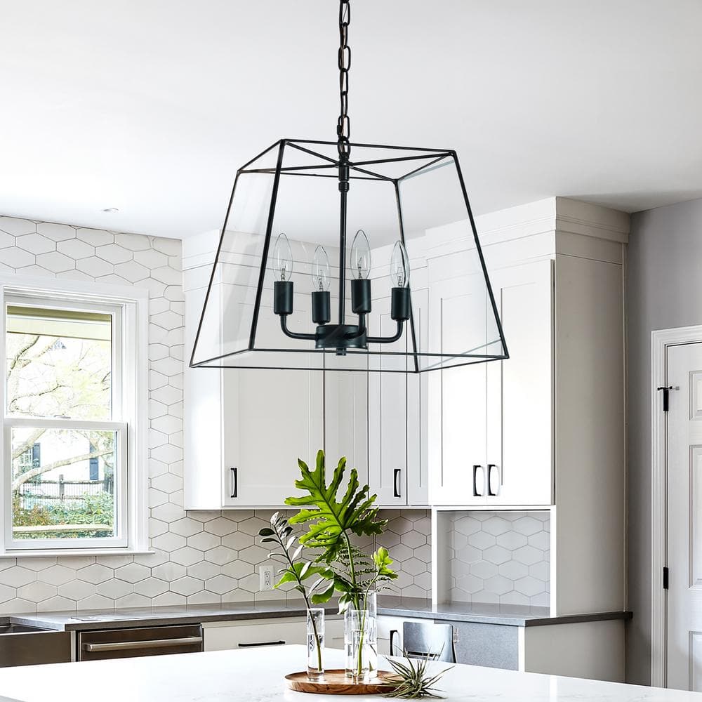 16 in. W 4-Light Modern Farmhouse Angled Ceiling Lantern Chandelier in Matt