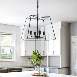 16 in. W 4-Light Modern Farmhouse Angled Ceiling Lantern Chandelier in Matte Black Rustic with Clear Glass Shade