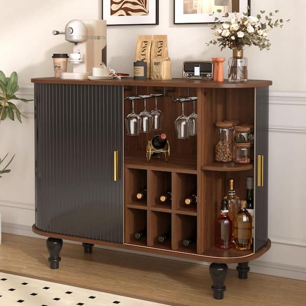 Black 39.37 in. W Bar Cabinet with 6 Wine Racks and 3 Glass Holders,A Large Storage Drawer