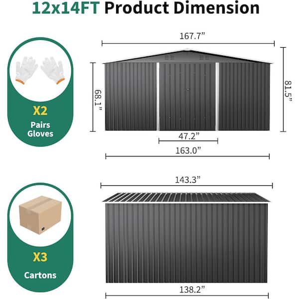 VIWAT 14 ft. W x 12 ft. D Metal Storage Shed with Lockable Doors