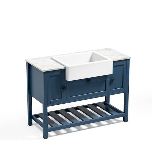 Interbath 48 in. W x 20 in. D x 33.6 in. H Bath Vanity Cabinet in Blue with White Vanity Top with White Basin