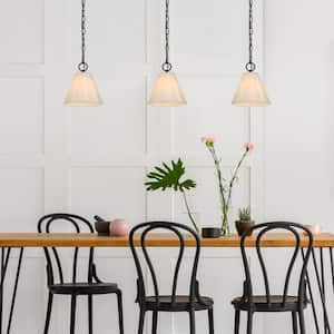 Modern White Pendant Light with Fabric Shade 1-Light Painted Black Minimalist Bell Hanging Light for Dining Room Kitchen
