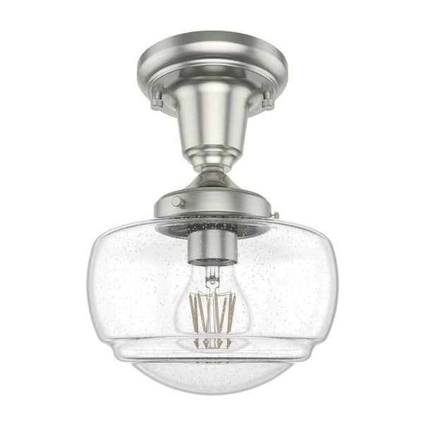 Hunter - Saddle Creek 1-Light Brushed Nickel Schoolhouse Mini Pendant Light with Clear Seeded Glass Shade
