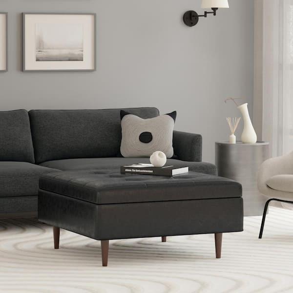 Simpli Home Shay 38 in. Mid Century Large Square Coffee Table Storage Ottoman in Distressed Black Vegan Faux Leather, Assembled