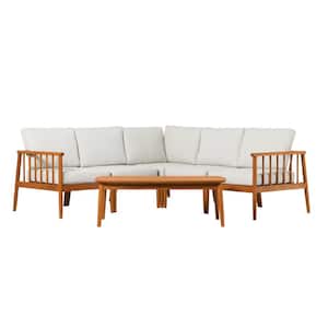 Brown 6-Piece Eucalyptus Modern Spindle Patio Conversation Sectional Seating Set with Pewter Cushions
