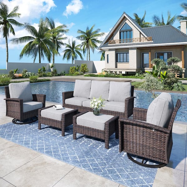 PHI VILLA Black 5-Pieces Metal Patio Conversation Sectional Seating Set with Swivel Sofa Chairs, Ottoman and Gray Cushions