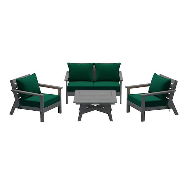WESTIN OUTDOOR Birchwood Gray Arrangeable 5-Piece Outdoor Patio HDPE Deep Seating Conversation Lounge Set w/ Green Cushions