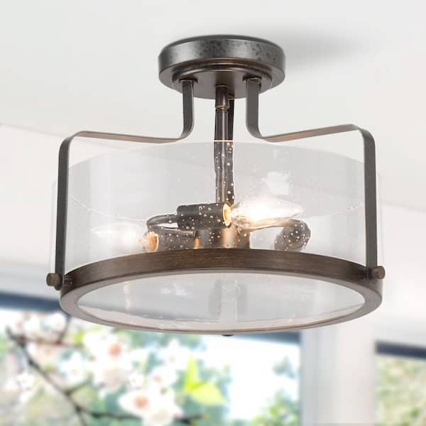LNC 14 in. 3-Light Black Semi-Flush Mount Ceiling Light with Seeded Glass Shade