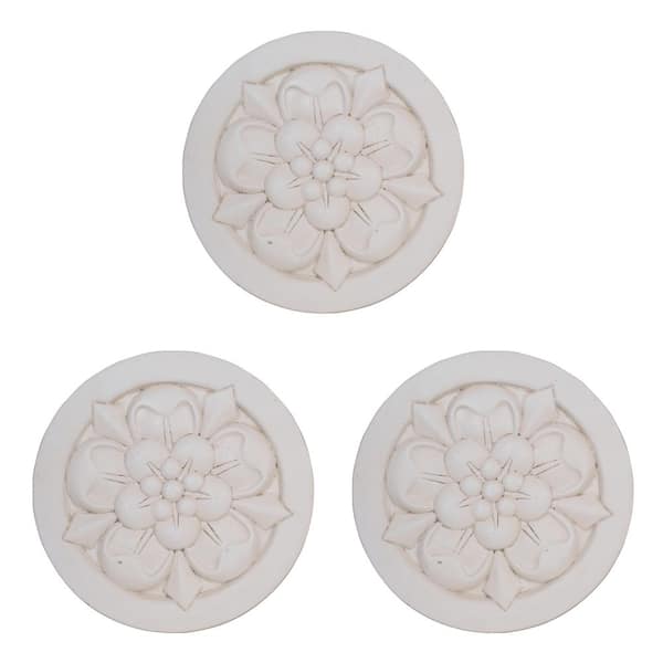 18 in. Round Light Aged White Cast Stone Large Floral Step Stone or Wall Plaque (set of 3)