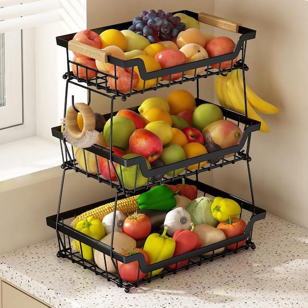 3-Tier Detachable Metal Fruit Basket with Wooden Handle and Banana Hangers Set