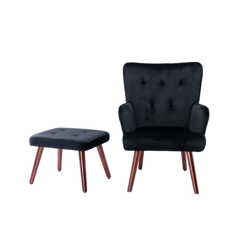 Modern Black Velvet Accent Arm Chair with Ottoman