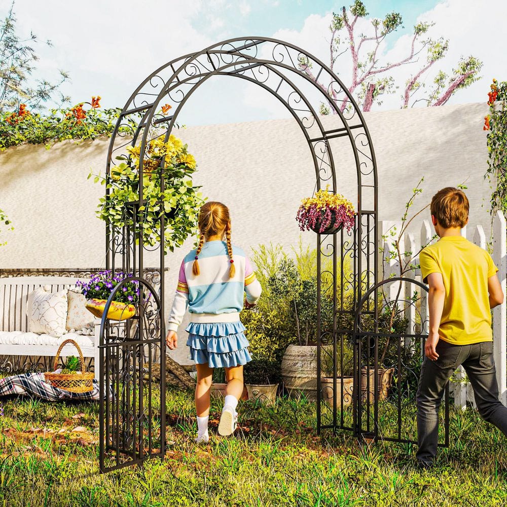 Black Metal Garden Arch with Gate for Climbing Plants