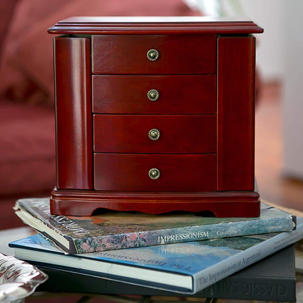 Cherry Finish Wooden Musical Jewelry Box with 3 Drawers