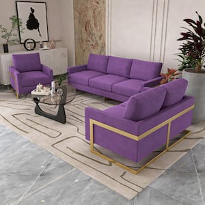 3-Piece Sofa Set Upholstered in Velvet with Gold Stainless Steel Base and Removable Cushions in Purple