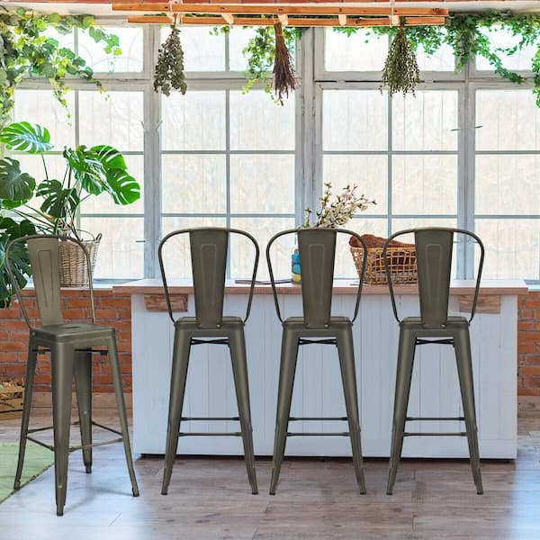 Gun 4-Piece 30 in. High Back Metal Industrial Bar Stools with Top and High Backrest